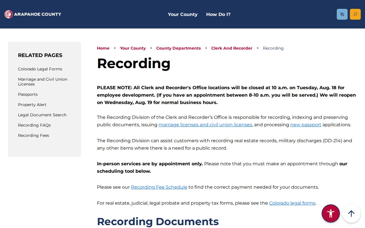 Arapahoe County recording office for deeds and other instruments