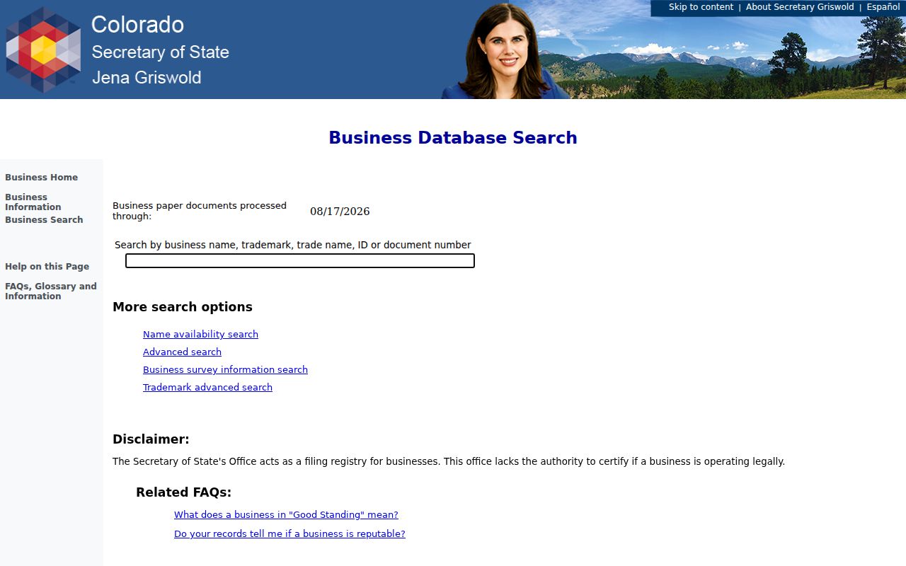 Colorado business entity filing search page