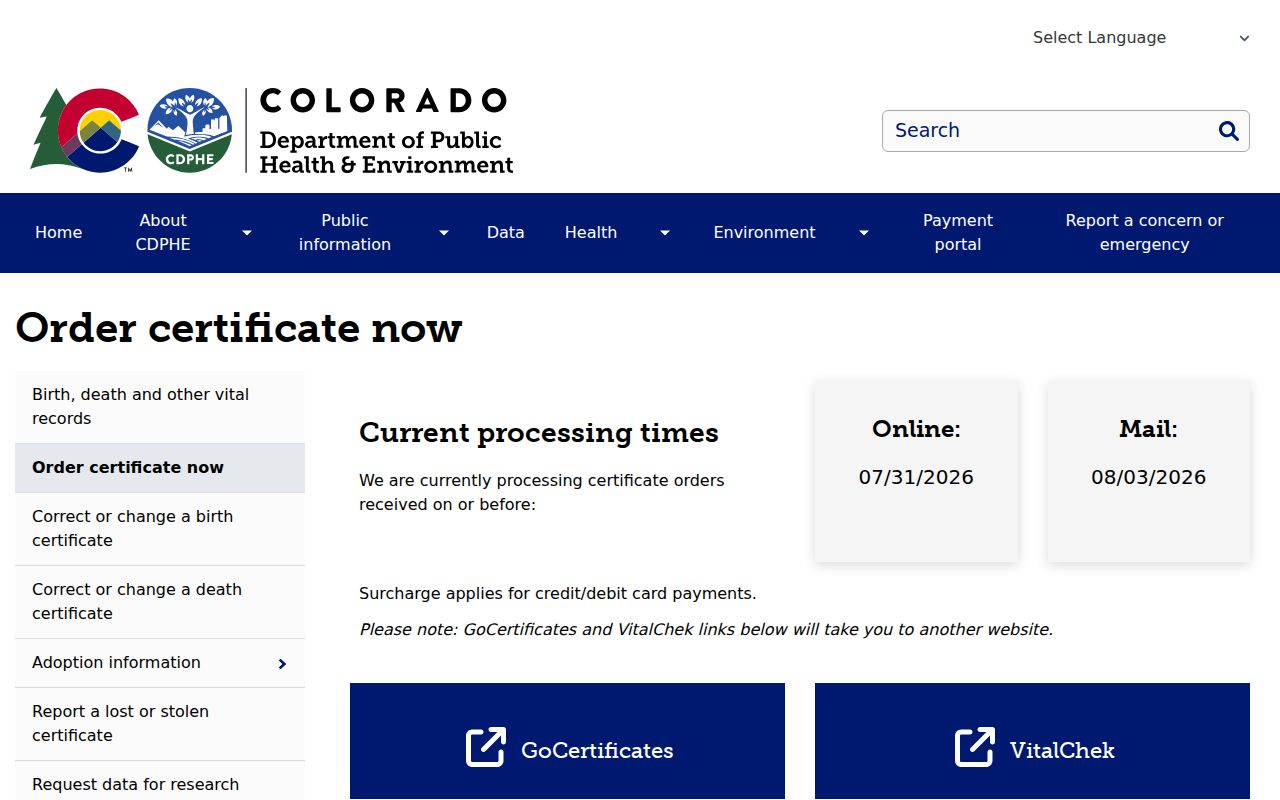 Colorado vital records order and fee flow